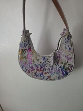 White Multicolor Splatter Crescent Shoulder Bag with Tan Strap